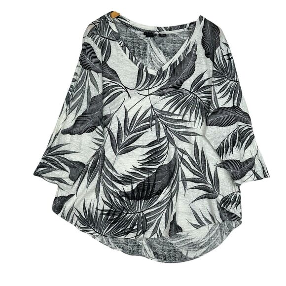 Tamari 100% Linen Palm Leaf Print Top Plus Sz 2X V-Neck 3/4 Sleeve Blouse Resort - Picture 1 of 12